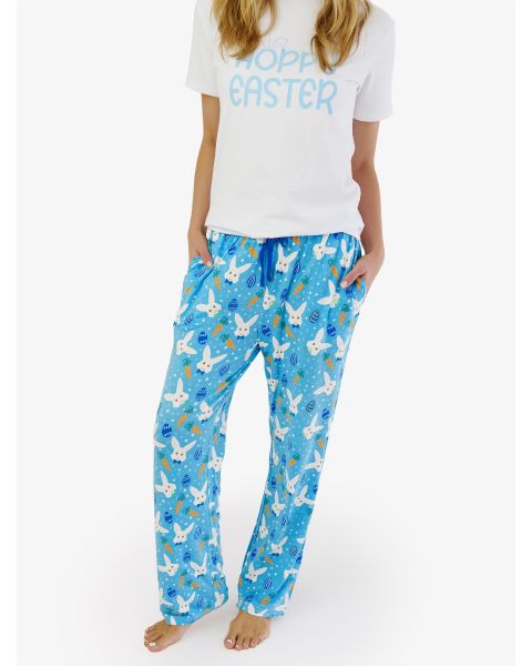 Blue Bow Tie Bunnies Adult Pajama Pants, Bamboo Viscose