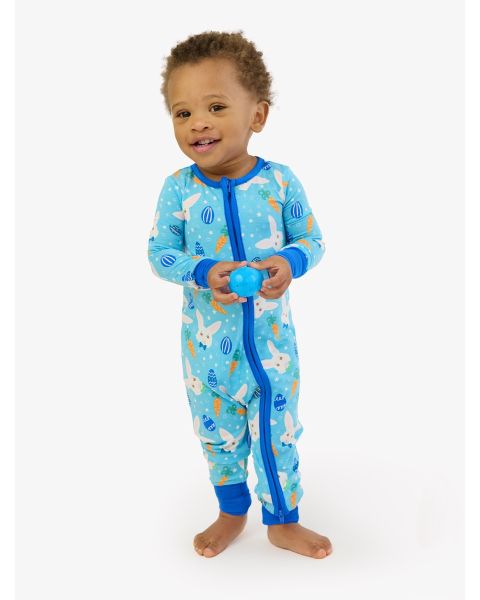Blue Bow Tie Bunnies Convertible One Piece Pajama, Bamboo Viscose