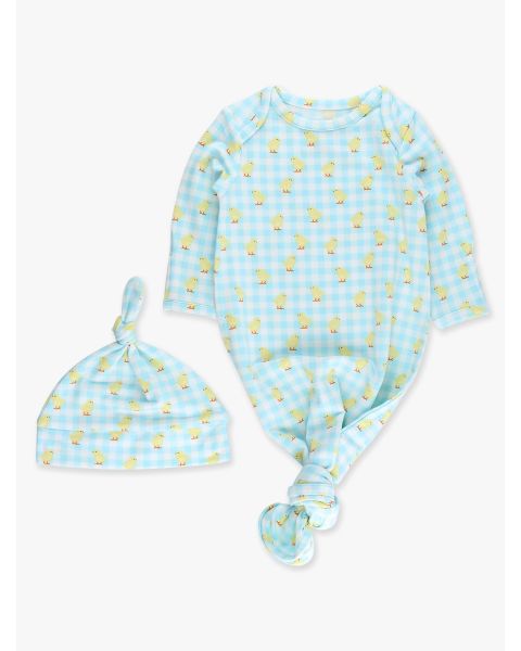 Chirping Chicks Gingham Knotted Sleep Gown & Hat Set, Modal Blend