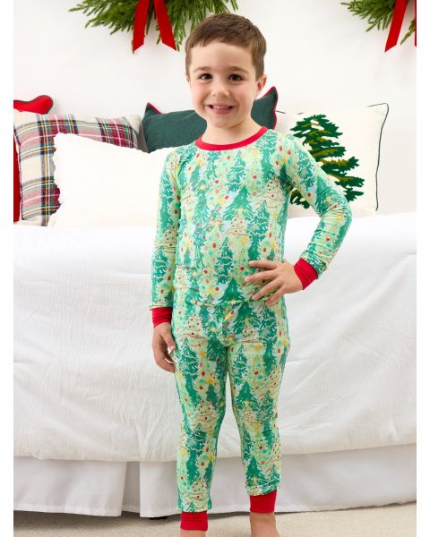 Green Jolly Grove Long Sleeve Pajama Set, Bamboo Viscose