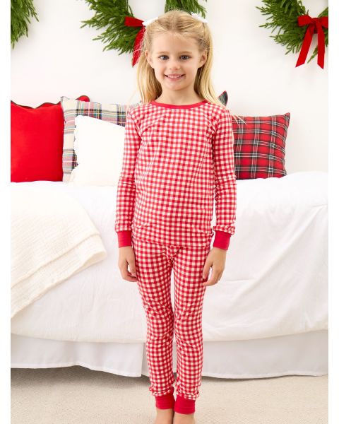 Red & White Gingham Long Sleeve Pajama Set, Modal Blend