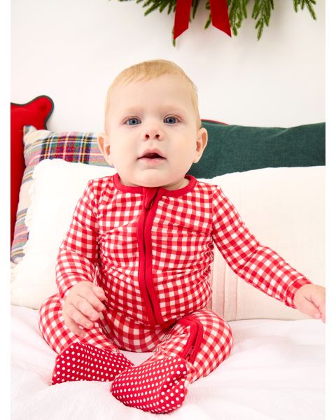 Red & White Gingham One Piece Footie Pajamas, Modal Blend