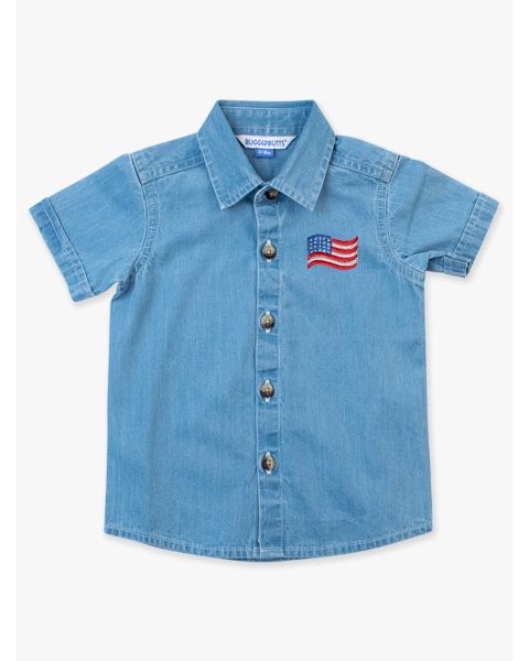 Americana Flag Embroidered Light Wash Short Sleeve Button Down Shirt