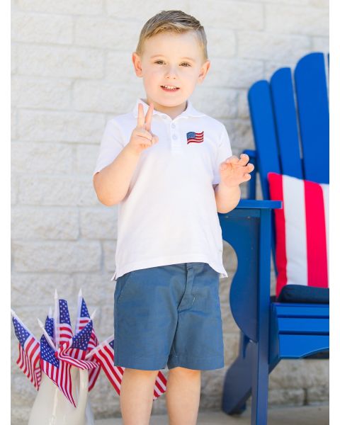 American Flag Embroidered White Short Sleeve Polo
