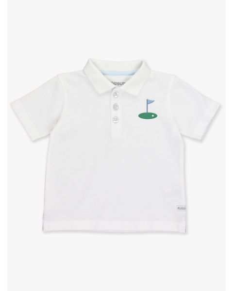 Blue Golf Hole Embroidered White Pique Short Sleeve Polo Shirt
