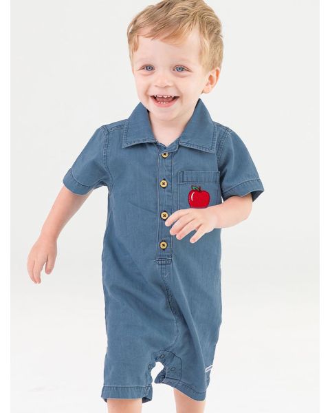 Red Apple Embroidered Boys' Light Wash Denim Button-Up Romper