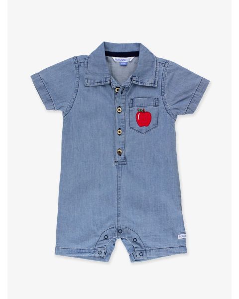Red Apple Embroidered Boys' Light Wash Denim Button-Up Romper