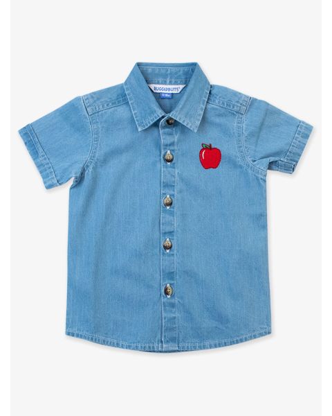 Red Apple Embroidered Light Wash Short Sleeve Button Down Shirt
