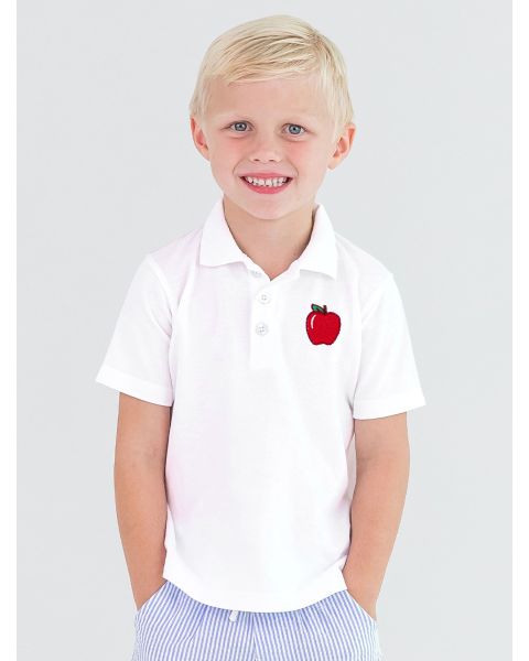 Red Apple Embroidered White Pique Short Sleeve Polo Shirt