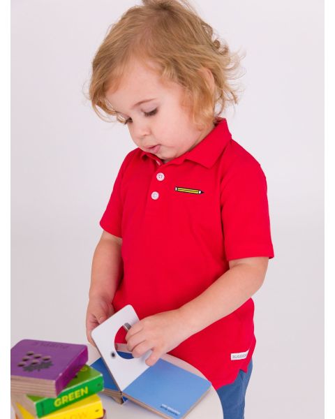 Pencil Embroidered Red Pique Short Sleeve Polo Shirt