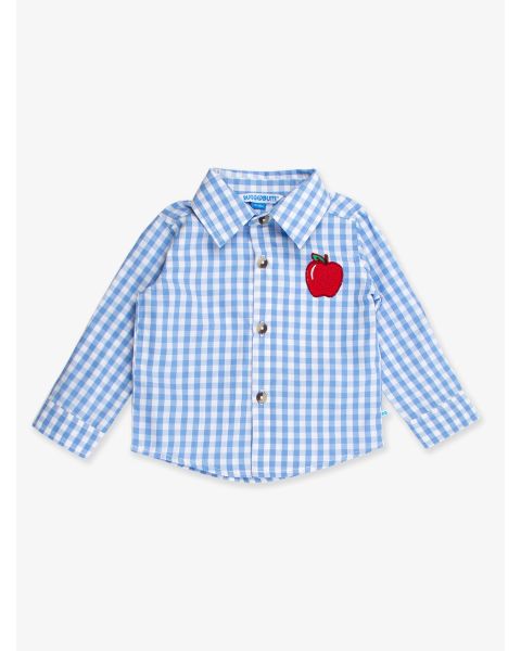 Red Apple Embroidered Classic Periwinkle Blue Gingham Long Sleeve Button Down Shirt