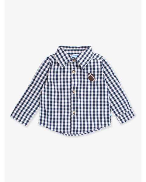 Football Embroidered Classic Dark Navy Gingham Long Sleeve Button Down Shirt