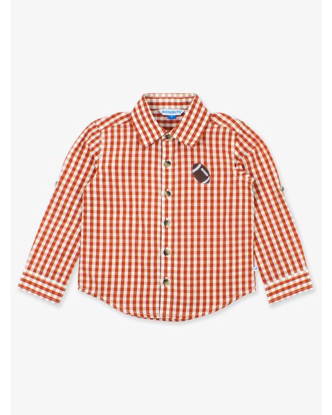 Football Embroidered Classic Rust Gingham Long Sleeve Button Down Shirt
