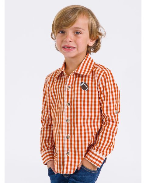 Football Embroidered Classic Rust Gingham Long Sleeve Button Down Shirt