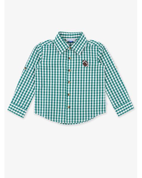Football Embroidered Classic Emerald Green Gingham Long Sleeve Button Down Shirt