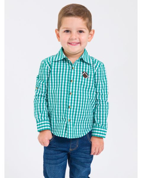 Football Embroidered Classic Emerald Green Gingham Long Sleeve Button Down Shirt