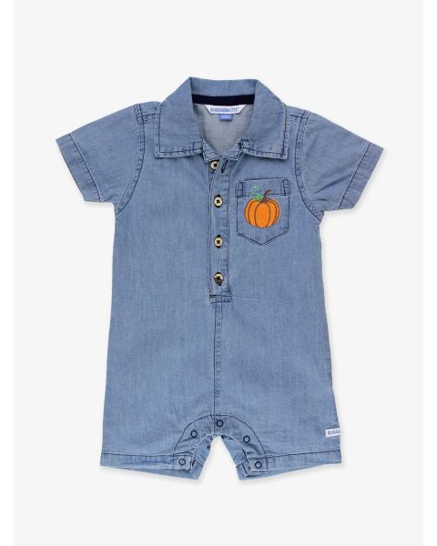 Pumpkin Embroidered Boys' Light Wash Denim Button-Up Romper