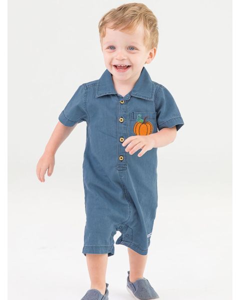 Pumpkin Embroidered Boys' Light Wash Denim Button-Up Romper