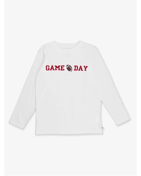 Red Football Game Day Embroidered White Long Sleeve Basic Tee