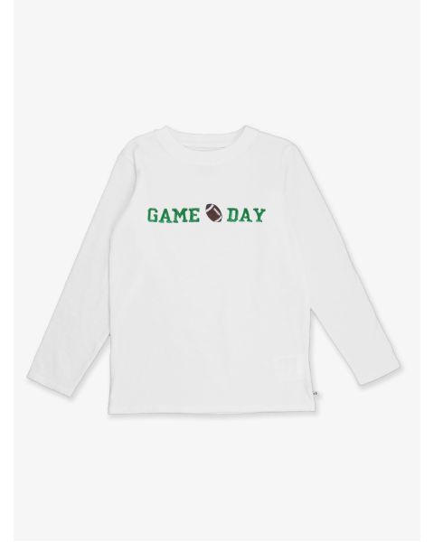Green Football Game Day Embroidered White Long Sleeve Basic Tee