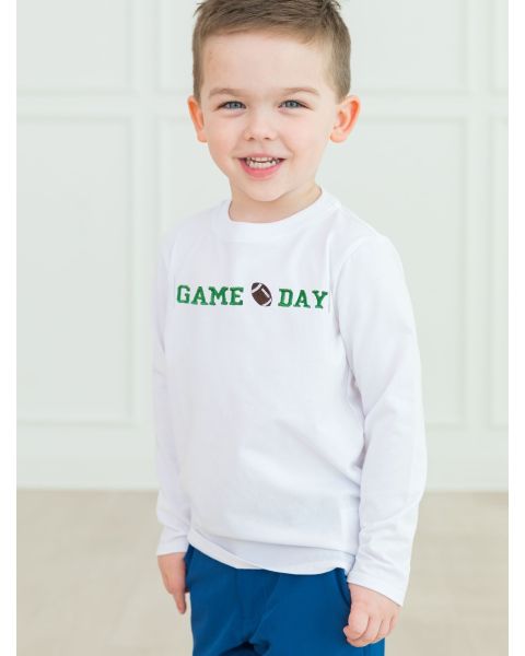 Green Football Game Day Embroidered White Long Sleeve Basic Tee