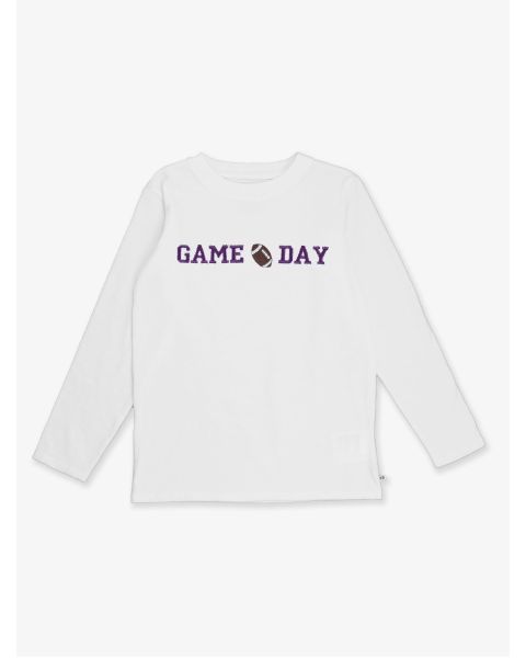 Purple Football Game Day Embroidered White Long Sleeve Basic Tee