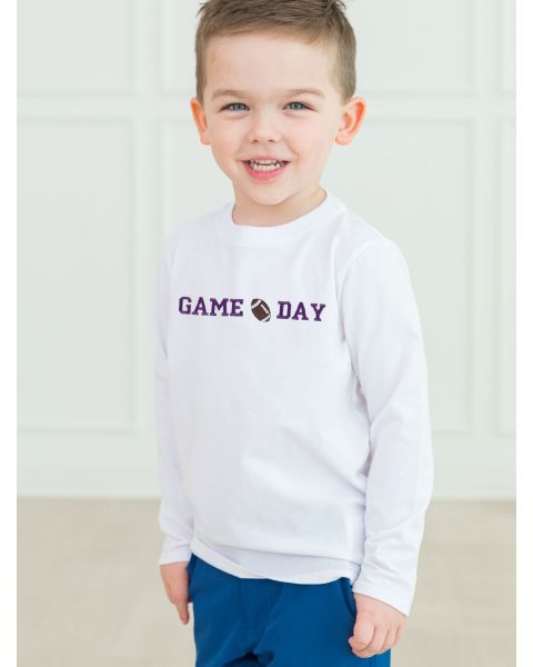 Purple Football Game Day Embroidered White Long Sleeve Basic Tee