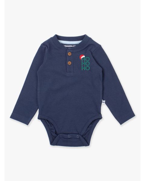 HO HO HO Embroidered Dark Navy Knit Long Sleeve 2-Button Henley Bodysuit