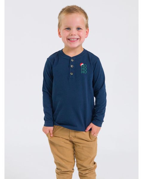 HO HO HO Embroidered Dark Navy Knit Long Sleeve Henley Tee