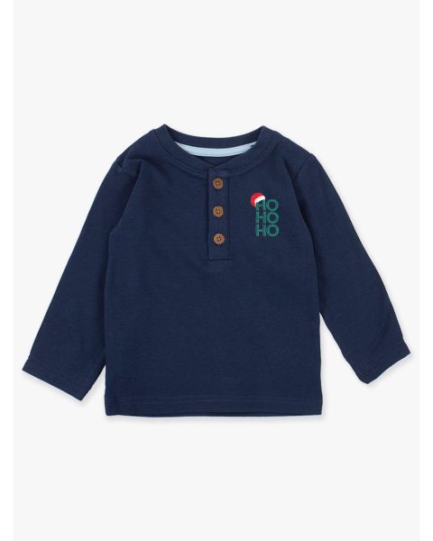 HO HO HO Embroidered Dark Navy Knit Long Sleeve Henley Tee
