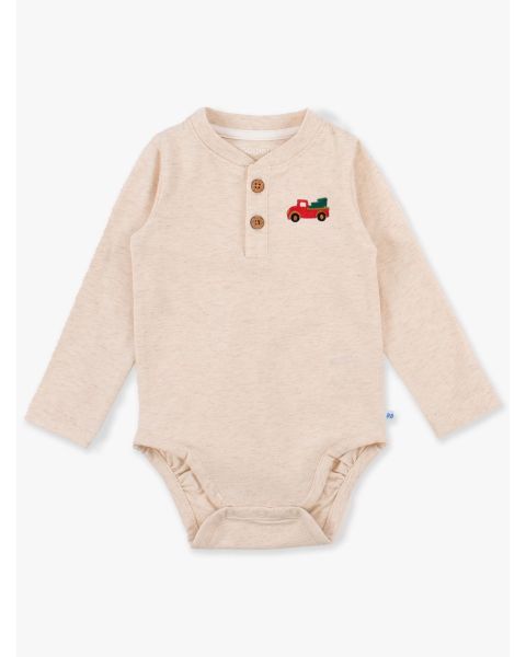 Truck Embroidered Heather Oatmeal Knit Long Sleeve 2-Button Henley Bodysuit