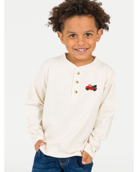 Truck Embroidered Heather Oatmeal Knit Long Sleeve Henley Tee