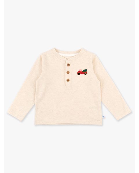 Truck Embroidered Heather Oatmeal Knit Long Sleeve Henley Tee