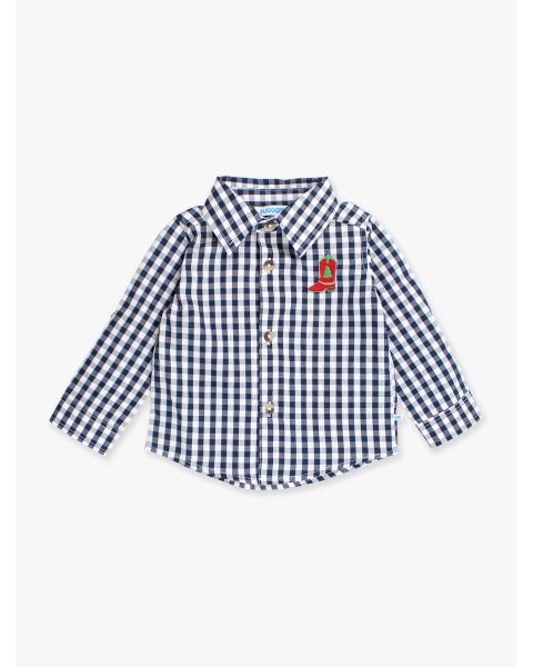 Red Boot Embroidered Classic Dark Navy Gingham Long Sleeve Button Down Shirt