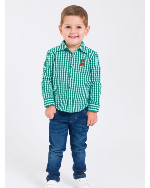 Red Boot Embroidered Classic Emerald Green Gingham Long Sleeve Button Down Shirt
