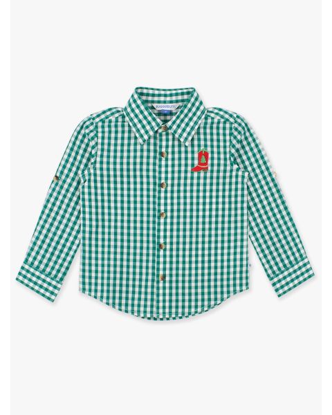 Red Boot Embroidered Classic Emerald Green Gingham Long Sleeve Button Down Shirt