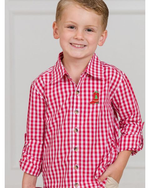 Red Boot Embroidered Classic Red Gingham Long Sleeve Button Down Shirt