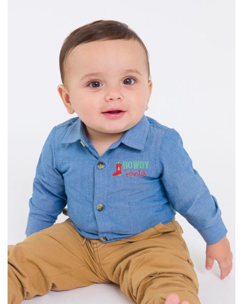 Howdy Santa  Embroidered Blue Chambray Long Sleeve Button Down Bodysuit