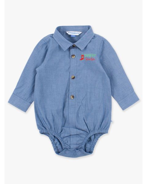 Howdy Santa  Embroidered Blue Chambray Long Sleeve Button Down Bodysuit