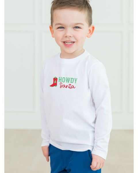 Howdy Santa  Embroidered White Long Sleeve Basic Tee