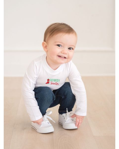 Howdy Santa  Embroidered White Long Sleeve Basic Bodysuit