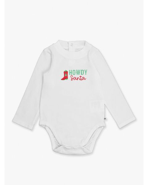 Howdy Santa  Embroidered White Long Sleeve Basic Bodysuit