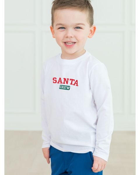 Santa Crew Embroidered White Long Sleeve Basic Tee