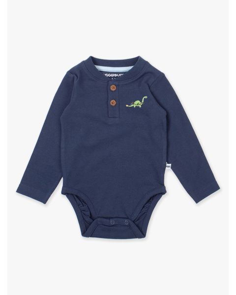 Holiday Dino Embroidered Dark Navy Knit Long Sleeve 2-Button Henley Bodysuit