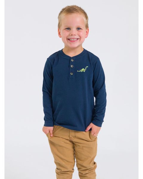 Holiday Dino Embroidered Dark Navy Knit Long Sleeve Henley Tee
