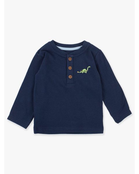 Holiday Dino Embroidered Dark Navy Knit Long Sleeve Henley Tee