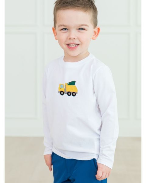 Holiday Dump Truck Embroidered White Long Sleeve Basic Tee