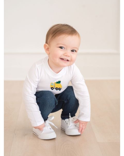 Holiday Dump Truck Embroidered White Long Sleeve Basic Bodysuit