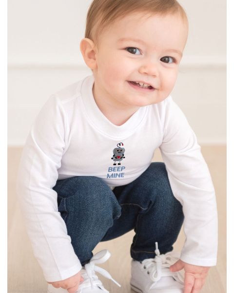 Beep Mine Embroidered White Long Sleeve Basic Bodysuit