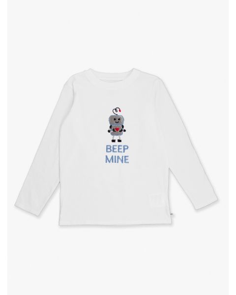Beep Mine Embroidered White Long Sleeve Basic Tee